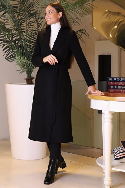 AYHAN معطف نسائي أسود بحزام