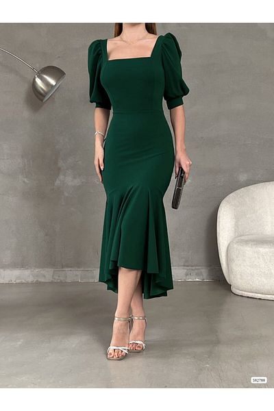 Varyete Φούστα Princess Sleeve Flounce Τετράγωνη λαιμόκοψη Midi ύφασμα κρεπ υφασμάτινο βραδινό φόρεμα Προσκλητήριο γάμου αρραβώνων