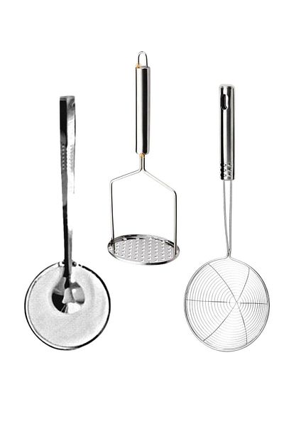 UNDERGROUND TRADE Metal Oil Strainer Metal Potato Masher with Strainer Frying and Boiling Tongs Colander Set with Tongs