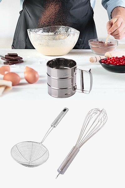 UNDERGROUND TRADE Frying Colander, Oil Strainer, Steel Wire Ladle Strainer + Flour Sugar Sieve Strainer And Beater