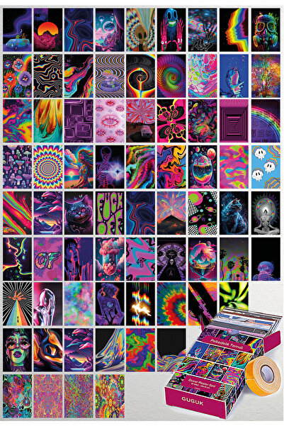 GUGUK Psikedelik Temalı 72 Adet Duvar Poster Seti, Özel Tasarım Kutulu, Oda Dekoru (GGK-K037)