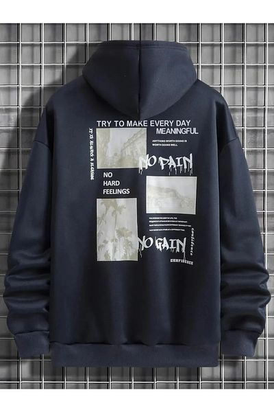 npLStore Μπλε Navy No Pain No Gain Print Λεπτομερής φούτερ με κουκούλα με κουκούλα