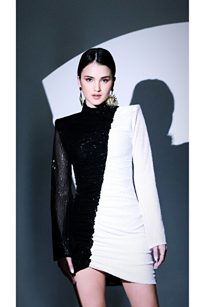 Gira official Black and White Sequined Color Block Mini Dress