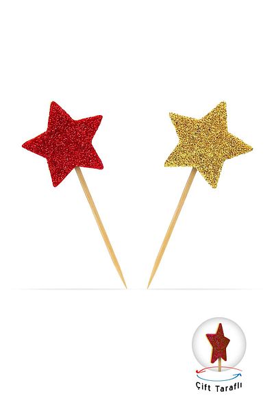Artikel Gold-red Double Sided Star Glitter Eva Toothpick Cupcake Toppers Cupcake Stick 12 Pieces
