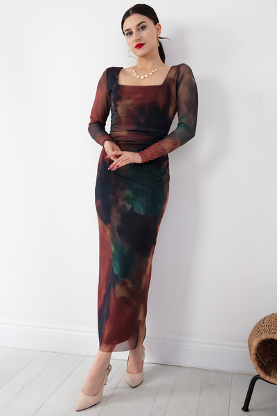 PULLIMM Kare Yaka Uzun Kol Tül Elbise AP-108