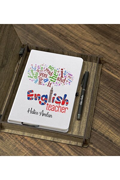 Yaprak Hediyelik Kişiye Özel İngilizce Öğretmeni Tasarımlı Ahşap Kutulu Ajand...