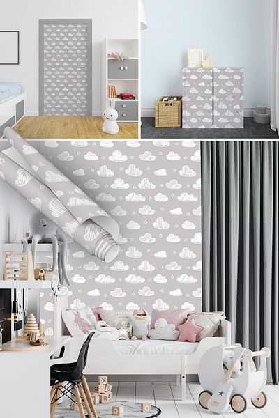 Dekoros Cloud Pattern Adhesive Foil, Gray Baby, Children's Room, Water Resistant Table, Furniture Covering 1226