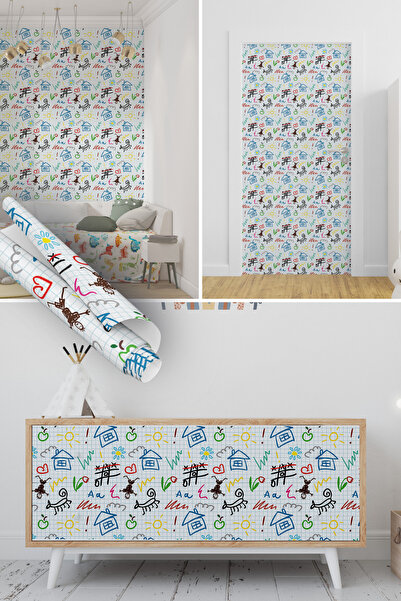 Dekoros Renkli Doodle Desenli Yapışkanlı Folyo, Kreş, Çocuk Odası Sticker Dol...