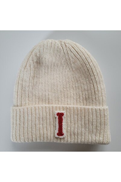initialess I Letter Mohair Folded Knitted Ecru Wool Beret