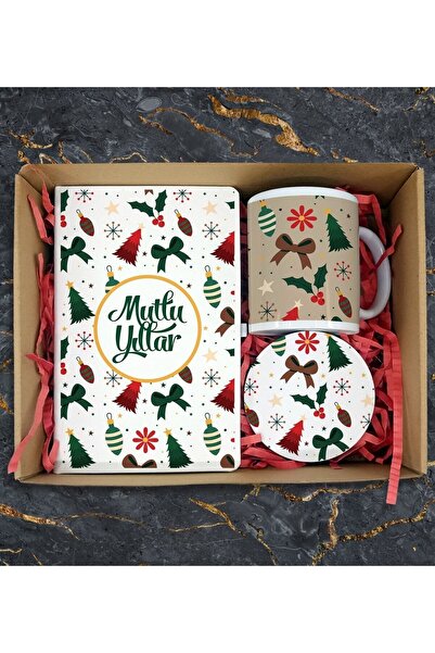 Yaprak Hediyelik Yılbaşı Özel Tasarımlı Mutlu Yıllar Ajanda Kupa Bardak Ve Bardak Altlığı