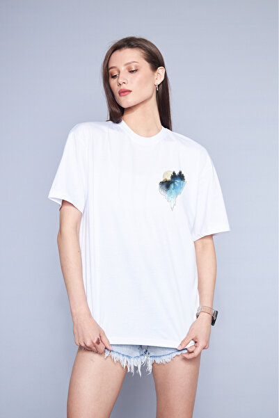 ixir Tricou oversize cu imprimeu cu copaci albi și munte pentru femei