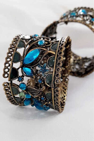 ella'nın çarşısı Etnik Desen Eskitme Metal Renkli Taşlı Kelepçe Bileklik. Kal...