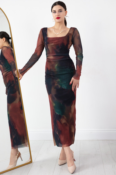 PULLIMM Kare Yaka Uzun Kol Tül Elbise AP-108