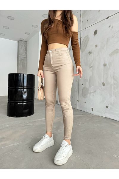 BİKELİFE Beigefarbene, knöchellange, schmale Lycra-Hose mit hoher Taille und schmalem Bein
