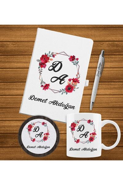 Yaprak Hediyelik Kişiye Özel Çiçek Desenli Isim Yazılı Ajanda, Kupa, Kalem Ve...
