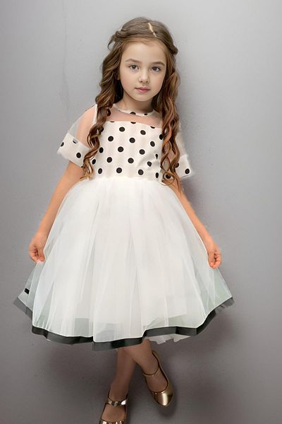 Riccotarz Girl's Ribbon Buckle and Stripe Detailed Tulle Polka Dot White Dress