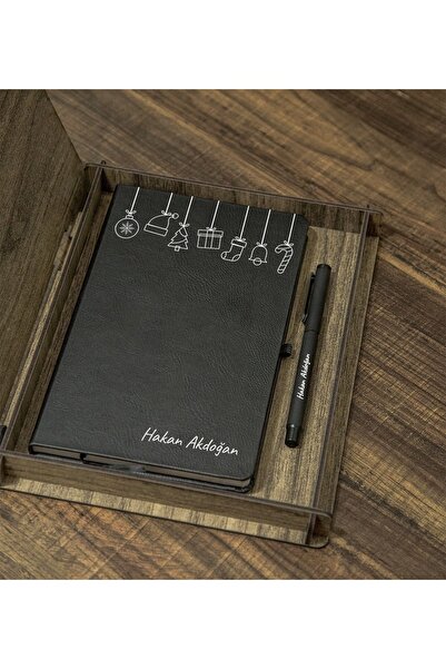 Yaprak Hediyelik Kişiye Özel Yılbaşı Tasarımlı Ahşap Kutulu Ajanda Kalem Seti