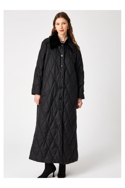 Zühre Women's Black Quilted Long Fur Aden Coat 13399