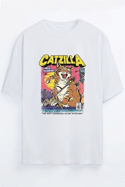 Yaprak Hediyelik Tricou alb unisex cu imprimeu retro Catzilla