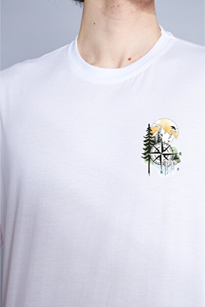 ixir Tricou oversize alb cu imprimeu busolă pentru bărbați