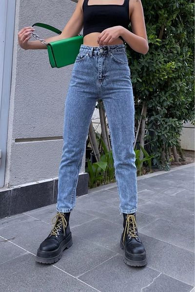 DRC trend Rüyya Blugi de damă, albastru deschis, spălat cu zăpadă, cu talie înaltă, din denim Mom Jeans Boyfriend