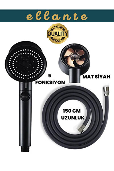 ellante Lüx Stoplu Turbo Pervaneli Mat Siyah Duş Başlığı & Mat Siyah PVC Duş ...