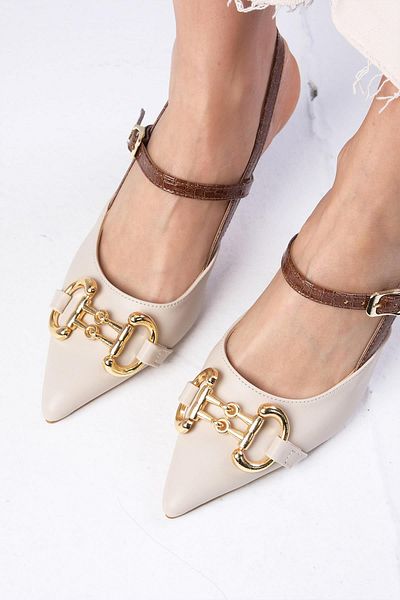 Mio Gusto Felicity Nude Colored Women's Heeled Shoes with Buckle Accessories, Open Back and Side Buckles