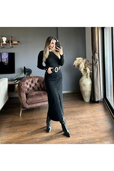 GAMZE ALPTEKİN Women's Slit Midi Jeans Skirt