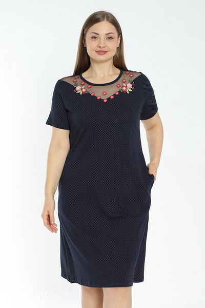 İntensive women navy blue polka dot short-sleeved tulle and embroidery detail plus size short-sleeved dress