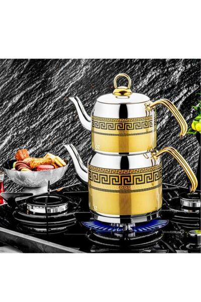 Tiesa Home Ceylin Çelik Mini Boy Çaydanlık Takımı Gold Kulp 4 Parça