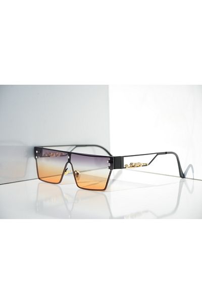 TomyHelf Rectangular Design Gold Tiger Detailed Black Frame Yellow Gradient Glass Women's Sunglasses