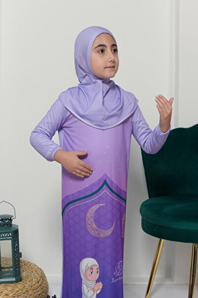 Altobeh Children's Prayer Set Practical One-Piece Patterned Sleeves and Removable Headscarf Lycra Hijab Dress (6-12