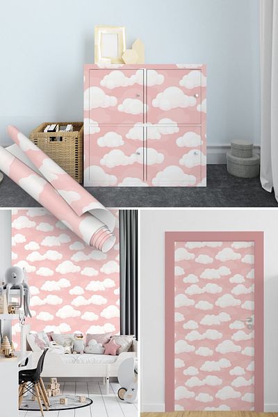 Dekoros Pink Cloud Pattern Adhesive Foil, Water Resistant Baby, Children's Room and Nursery Covering Foil 1227