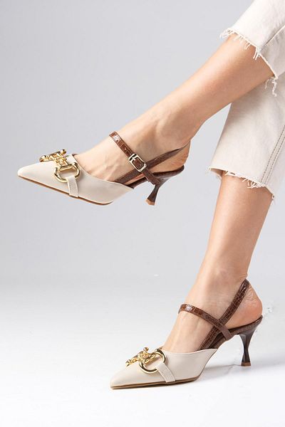 Mio Gusto Felicity Nude Colored Women's Heeled Shoes with Buckle Accessories, Open Back and Side Buckles