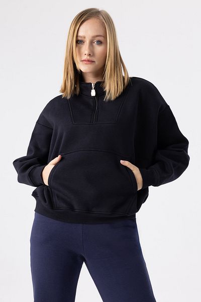 gothamvibes Hanorac negru supradimensionat pentru femei, cu fermoar