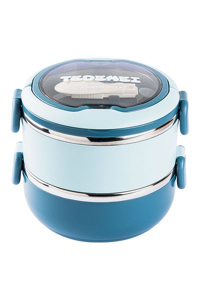 Tantitoni 024-01-TEDEMEI BLUE STAINLESS STEEL ROUND 2-LAYER FOOD CARRIAGE BOWL WITH FORK AND SPOON 850ML