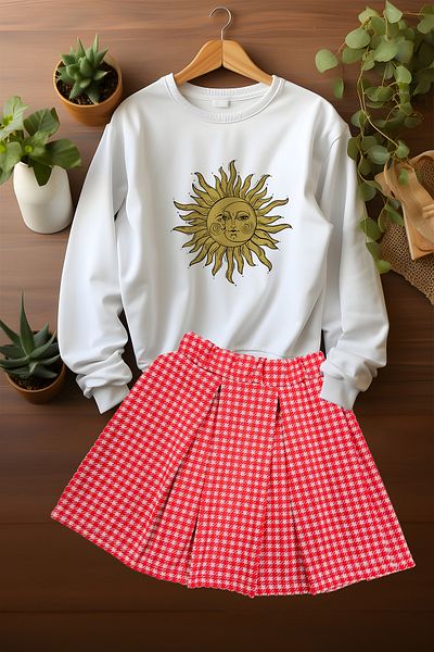 ADA BEBEK ÇOCUK Stylish Plaid Skirt Talisman Patterned Sweat Skirt Bottom Top Set