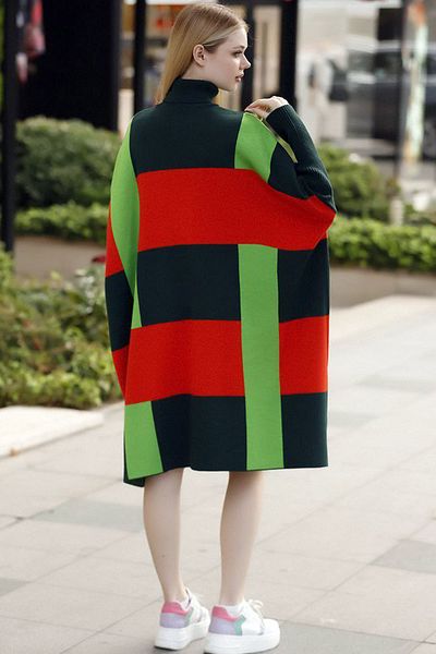 ALCHON Decolteu cu mâneci lungi cu nervuri, bloc de culoare, carouri, lungime midi, tricotaj de iarnă, tricotaj, poncho, pulover
