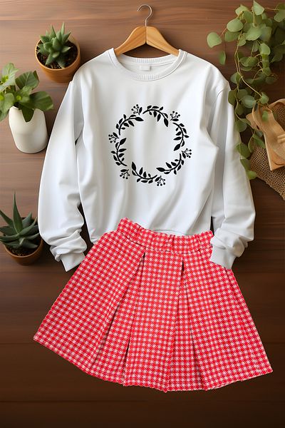 ADA BEBEK ÇOCUK Stylish Plaid Skirt Crown Floral Patterned Sweat Skirt Set