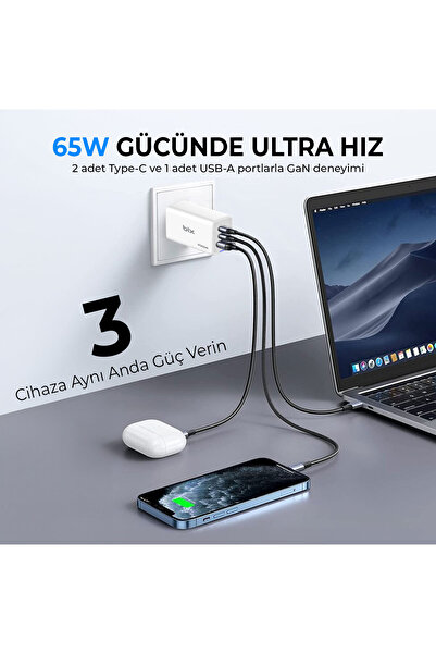 Bix Bx3p66g Gan 65w 2xtype-c 1xusb Üç Portlu Hızlı Şarj Cihazı Beyaz