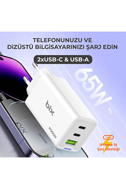 Bix Bx3p66g Gan 65w 2xtype-c 1xusb Üç Portlu Hızlı Şarj Cihazı Beyaz