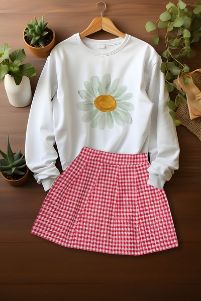 ADA BEBEK ÇOCUK Watercolor Daisy Patterned Sweat Skirt Set with Stylish Plaid Skirt