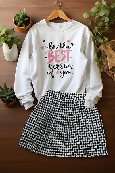 ADA BEBEK ÇOCUK Stylish Plaid Skirt Bee The Best Sweat Skirt Bottom Top Set