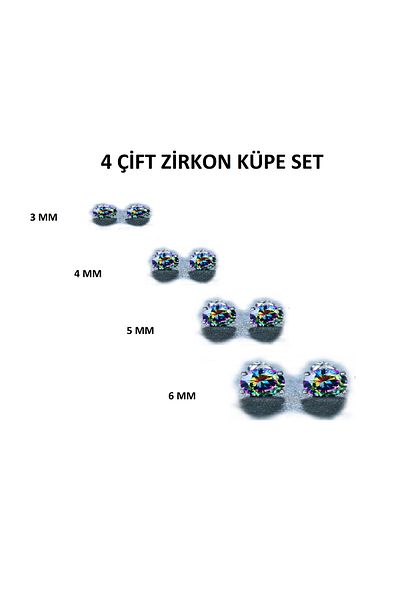 Öte Beri Öteberi 316l Surgical Steel Antiallergic Unisex 3mm, 4mm, 5mm, 6mm Mystic Topaz Zircon 4 Pairs Earrings Set