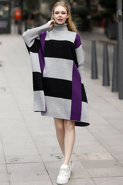 ALCHON Turtleneck Long Ribbed Sleeve Color Block Plaid Midi Length Loose Cut Winter Knitwear Poncho Sweater