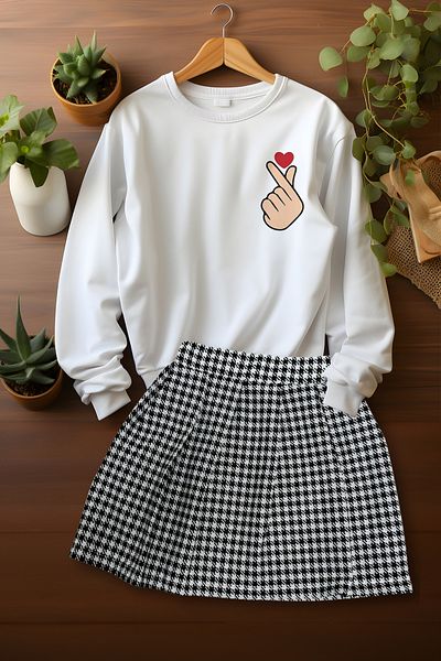 ADA BEBEK ÇOCUK Stylish Plaid Skirt Patterned Sweat Skirt Bottom and Top Set