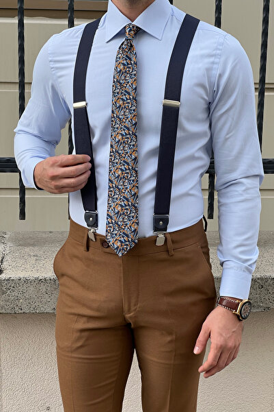 NAZEF Dar Kesim Özel Üretim Klasik Kravat Yaka Pamuk Mavi Gömlek