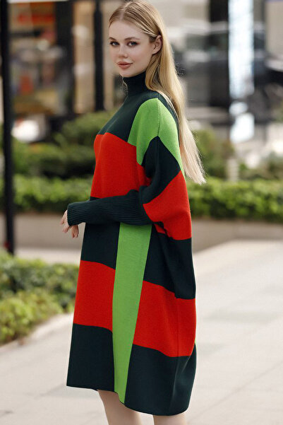 ALCHON Decolteu cu mâneci lungi cu nervuri, bloc de culoare, carouri, lungime midi, tricotaj de iarnă, tricotaj, poncho, pulover