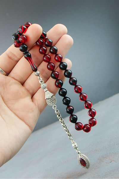 Tesbih Otağı Certified Globe Cut Red Black Fire Amber Prayer Beads