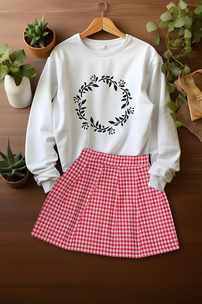 ADA BEBEK ÇOCUK Stylish Plaid Skirt Crown Floral Patterned Sweat Skirt Set
